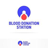 el logotipo de la estación de donación de sangre establece un estilo plano de color que consiste en una gota de sangre y un alfiler vector