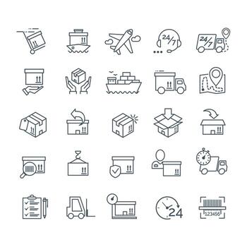 Set of delivery icons black color for your app design project. Logistic icons. Vector Ilustration