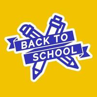 Emblema de regreso a la escuela color cian que consiste en bolígrafo y lápiz sobre fondo amarillo vector