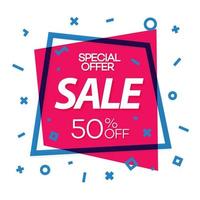 Sale banner red color with cyan frame and different shapes for black friday, special offer vector