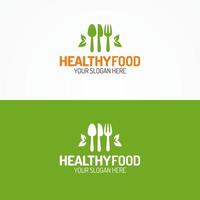 Healthy food logo set consisting silhouette of spoon, knife, fork and leaves vector