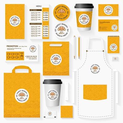 Sweet bakery corporate identity template set with logo of croissant for cupcake firm