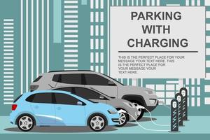electric cars charging and charger station banner. vector