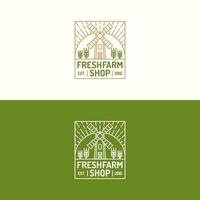 Fresh farm shop logo set color line with mill and wheat for nature firm, garden, healthy food market vector