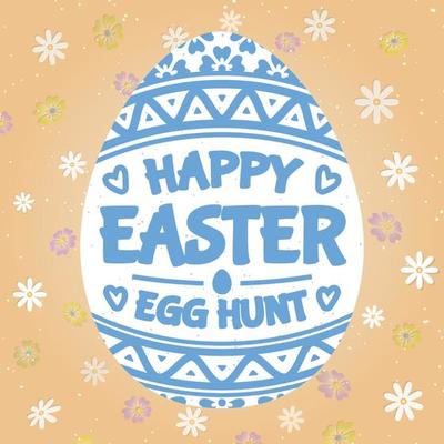 Happy easter egg hunt card with egg on spring background with flowers