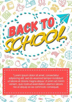Back to school card with color label consisting of paper plane on supplies different color background