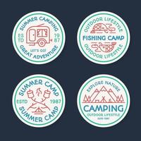 logotipo de camping establece una línea de color que consta de tienda, pescado, fuego, caravana, montañas, árboles para explorar el emblema vector