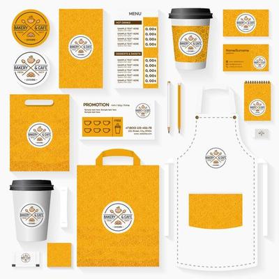 Bakery and cafe corporate identity template set with logo of croissant, cup and spoons