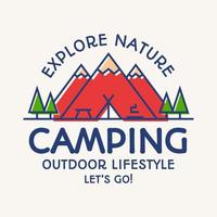 Camping card color line style tourist symbol, explore emblem, expedition label, poster, kids camp vector