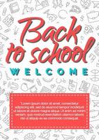 Welcome back to school card on background consisting of school supplies black line style vector