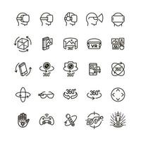 Set of virtual reality icons black think line style for your app design project isolated on white background. 360 Degree, Panorama, Virtual Reality Helmet icon. Vector IIlustration