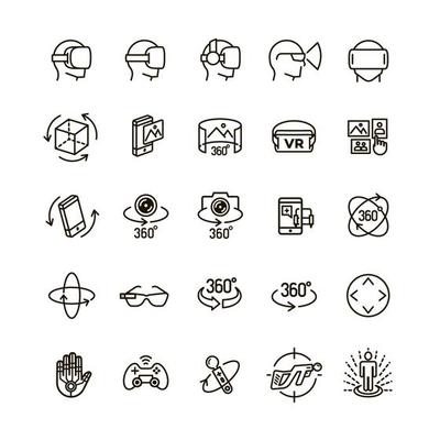 Set of virtual reality icons black think line style for your app design project isolated on white background. 360 Degree, Panorama, Virtual Reality Helmet icon. Vector IIlustration