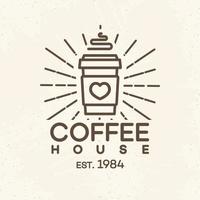 Coffee house logo with paper cup of coffee line style isolated on background for cafe, shop vector