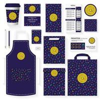 Childrens cafe corporate identity template design set with memphis geometric pattern. Restaurant cafe set card, flier, menu, package, uniform design set. Stock vector