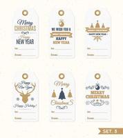 Christmas tags and labels set elements vector gold color with christmas tree, ball, candy, deer