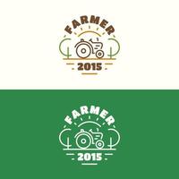 Farmer emblem set with tractor, field, tree and sun color line style for farming