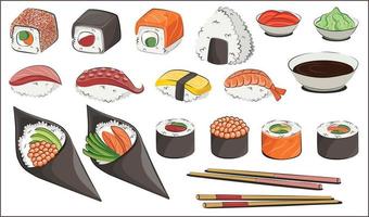 Japanese cuisine, set food. for restaurant menus and posters.   delivery sites vector flat illustration isolated on white background. sushi rolls onigiri soy sauce set. stock picture.