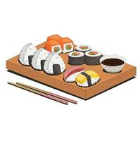 Japanese cuisine, food. for restaurant menus and posters. delivery sites vector flat illustration isolated on white background. sushi rolls onigiri soy sauce set. stock picture.
