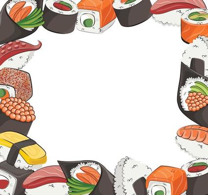 Japanese cuisine, set food. for restaurant menus and posters.   delivery sites vector flat illustration isolated on white frame background. sushi rolls onigiri soy sauce set. stock picture.