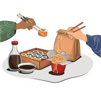 cocina japonesa, comida. brazos con palillos para carteles y menús de restaurantes. sitios de entrega vector ilustración plana aislado sobre fondo blanco. conjunto de salsa de soja onigiri de rollos de sushi. imagen de stock.
