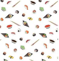 Japanese cuisine, food. vector pattern flat illustration isolated on white background. sushi rolls onigiri soy sauce set seamless pattern. stock picture. for restaurant menus and posters. delivery