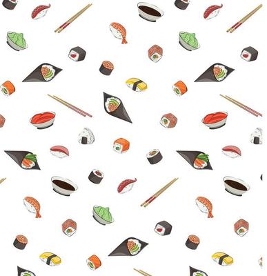 Japanese cuisine, food. vector pattern flat illustration isolated on white background. sushi rolls onigiri soy sauce set seamless pattern. stock picture. for restaurant menus and posters. delivery