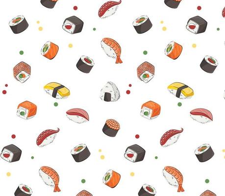 Japanese cuisine, food. vector pattern flat illustration isolated on white background. sushi rolls onigiri soy sauce set seamless pattern. stock picture. for restaurant menus and posters. delivery
