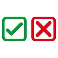 marca de verificación verde y plantilla de símbolo de icono de cruz roja. los símbolos verdaderos y falsos se aceptan rechazados para la evaluación. vector de estilo simple y moderno. marca de verificación elemento básico recursos gráficos