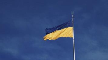 Oekraïne vlag zwaaien in de wind. naadloze loops met zeer gedetailleerde stof textuur tegen blauwe hemel. video