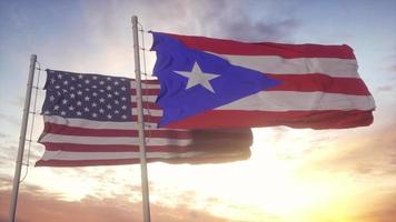 Puerto Rico and United States flag on flagpole. Puerto Rico and USA waving flag in wind. Puerto Rico and United States diplomatic concept video