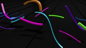 Group of lines, ribbons and tubes of blue, yellow, green and purple color flying on a black background with curved movements. Loop sequence. 3D Animation video