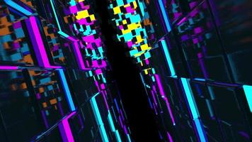 Camera flies through reflective checkered space with pink blue lights as it rotates 360 degrees on black background. Loop sequence. 3D Animation video