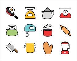 Set of colorful cooking tools icons. Kitchen stuff in line art cartoon design vector