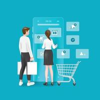 Woman stands in front of smartphone and presses online order button and man stood beside her holding shopping bag vector