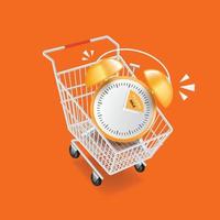 The alarm clock is in the shopping cart alerting about flash sales promotions and all object floating in the air,vector 3d isolated on orange backgroun for advertising promotion sale design vector