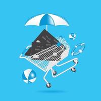 credit card placed in shopping cart and an umbrella spread on top And there were balls and lifebuoys floating around vector