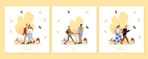 Young people walk in forest on greeting card set