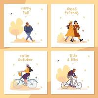 feliz otoño gente actividades al aire libre tarjeta de felicitación vector