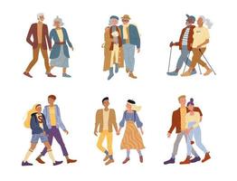 Elderly vs young generations isolated couple set vector