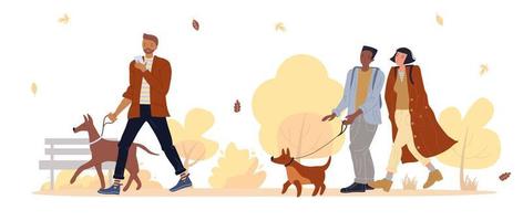 Pet owner walk dog in autumn park under leaf fall vector