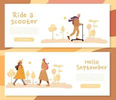 Man woman walk in fall season forest header set vector