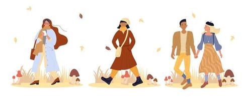 People walking in autumn forest full of mushroom vector