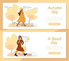 Active fashionable woman in autumn park banner set