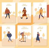 Motivation people to walk during fall cards set vector