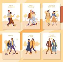 People activity in autumn park motivation card set vector