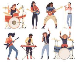 Afro-american, caucasian men, woman, musicians playing musical instruments. Rock band.