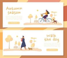 Autumn people characters dog on header banner set vector