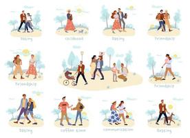 People walking, spend time together outdoor set vector