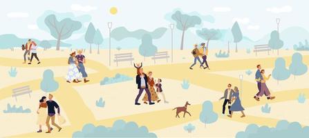 Hugging family couple walking in park enjoy rest vector