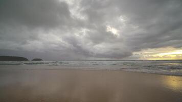 Camera move, Blue ocean sand beach and water surface texture. Foamy waves with sky and clouds. Beautiful tropical beach. Amazing Sandy coastline with white sea waves. Nature, seascape and summer. video